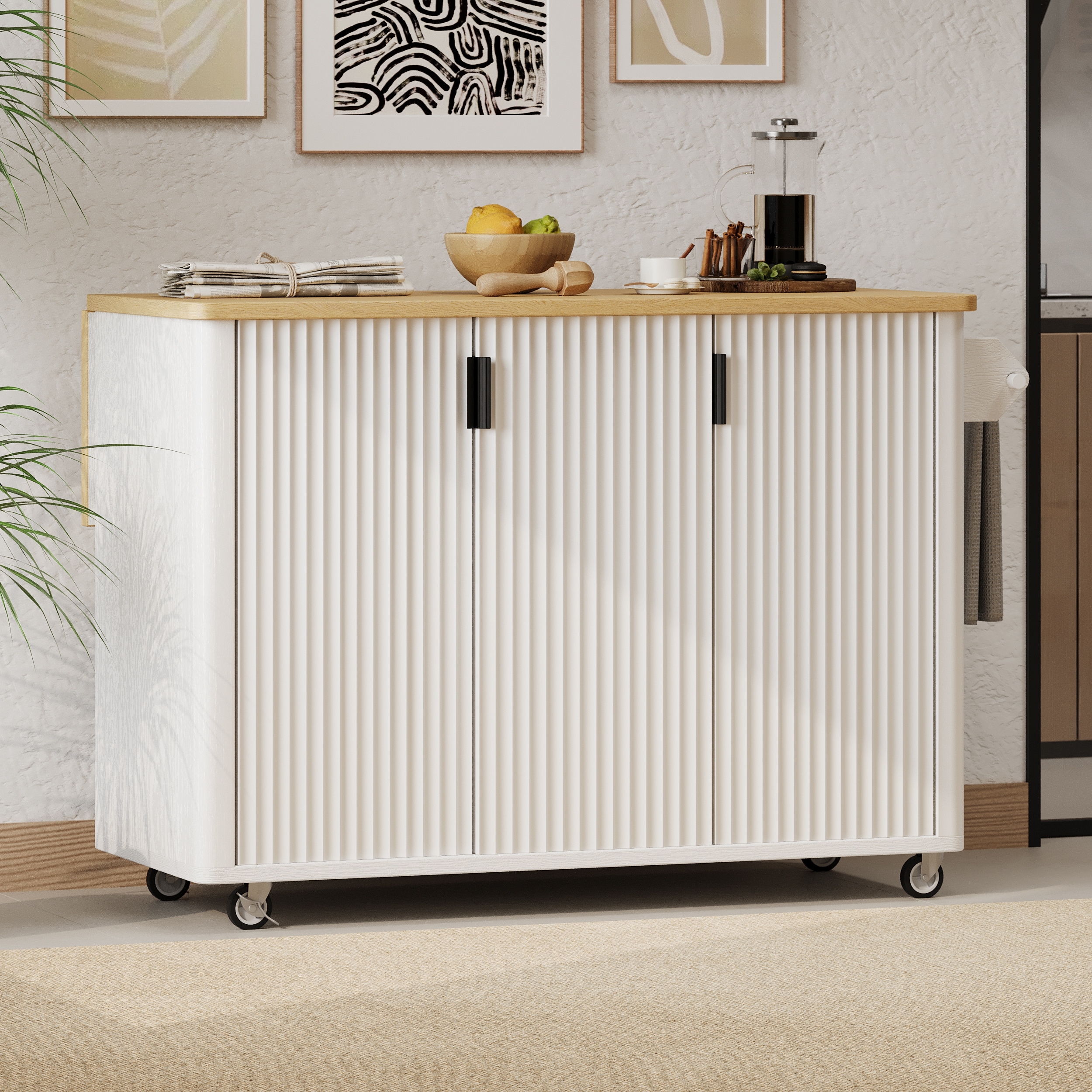 Kitchen Island with Drop Leaf, Farmhouse Kitchen Island on Wheels with Internal Storage Rack, Towel Rack for Kitchen