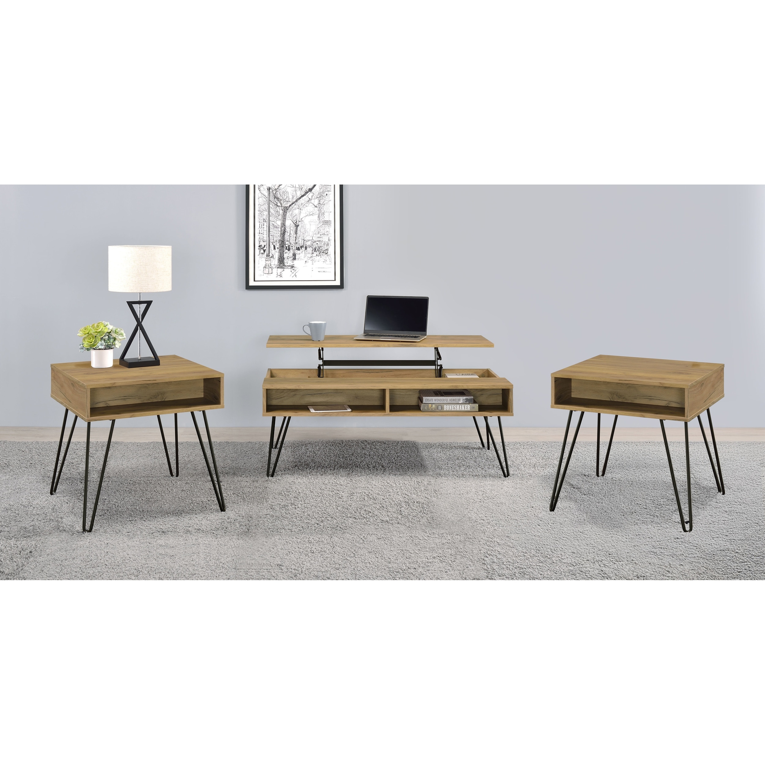 Fanning Lift Top Coffee And End Table Set Golden Oak