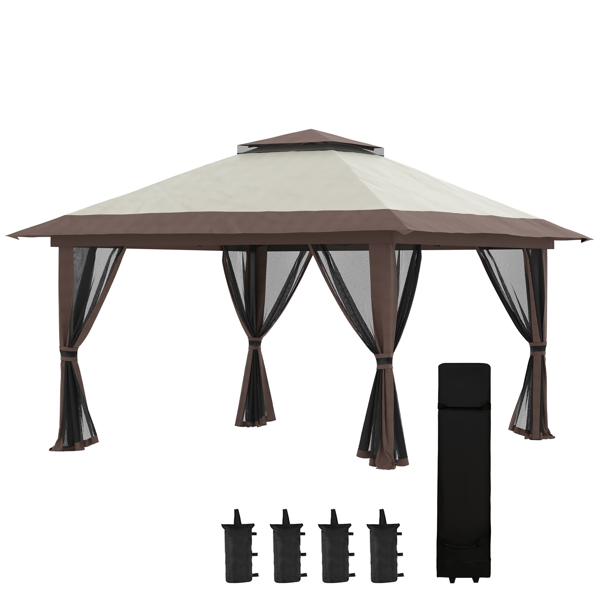 Outsunny 13' x 13' Pop Up Gazebo with Netting, Foldable Patio Canopy Tent with 2-Tier Roof, Adjustable Height Shelter
