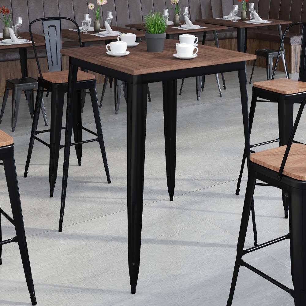 31.5" Square Metal Indoor Bar Height Table with Rustic Wood Top - 31.5"W x 31.5"D x 42"H - 31.5"W x 31.5"D x 42"H