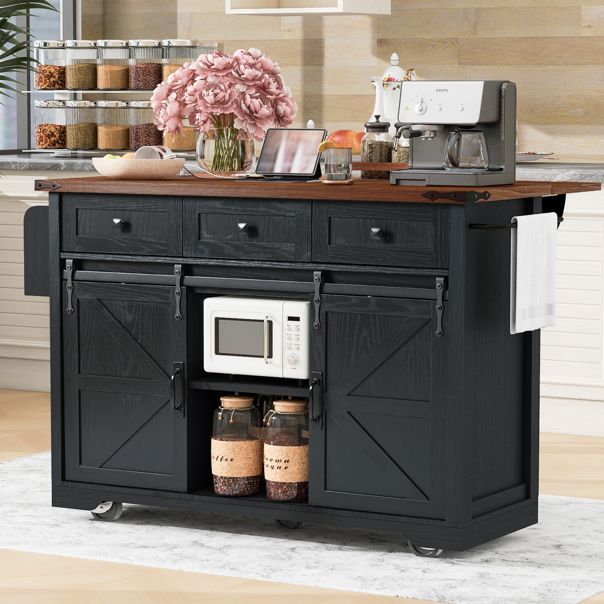 53.7" Farmhouse Kitchen Island with Power Outlet, 2 Sliding Barn Door, Drop Leaf & Spice Rack