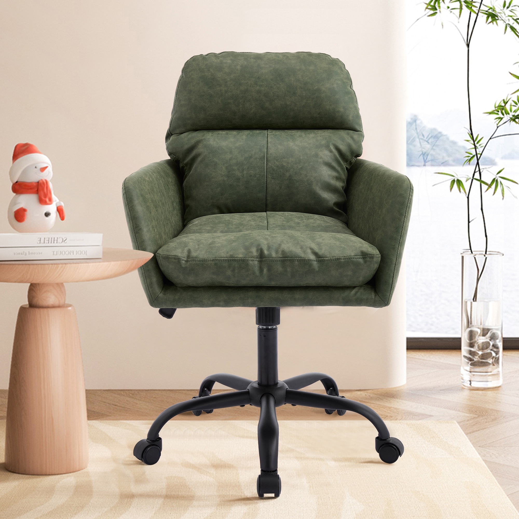 PU Artificial Leather Swivel Office Chair, Ergonomic Upholstered Home Office Chair, Adjustable Height Computer Rolling Chair