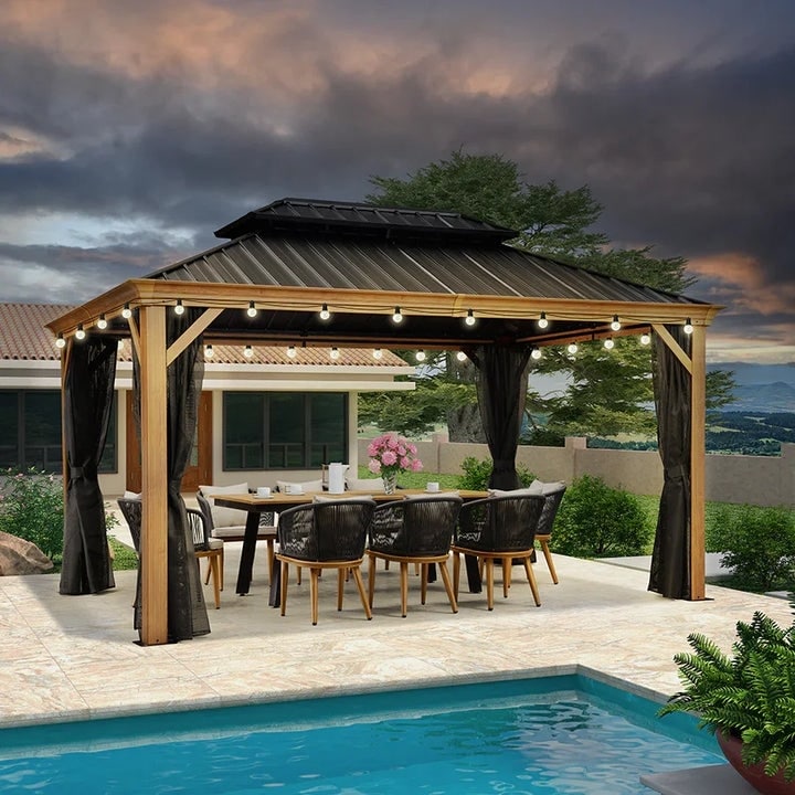 PURPLE LEAF Double Top Outdoor Wood Grain Sunroom Screen House Patio Hardtop Gazebo