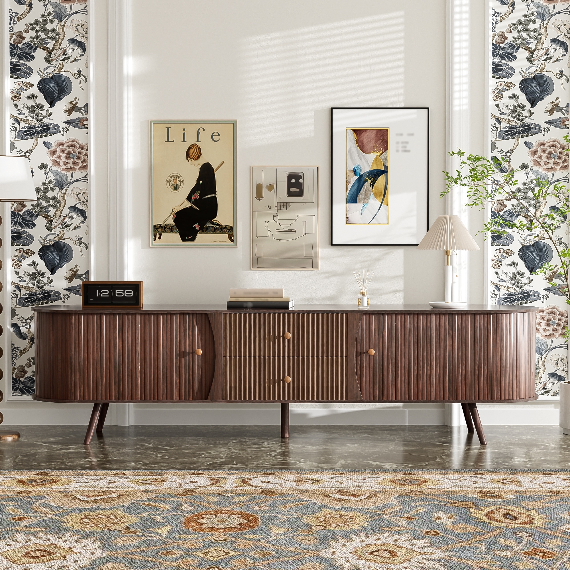 70 Inch Mid Century Modern TV Stand, TV Stand for 80 Inch TV, TV Stand with Tambour Doors, Fluted Drawers, TV Consoles