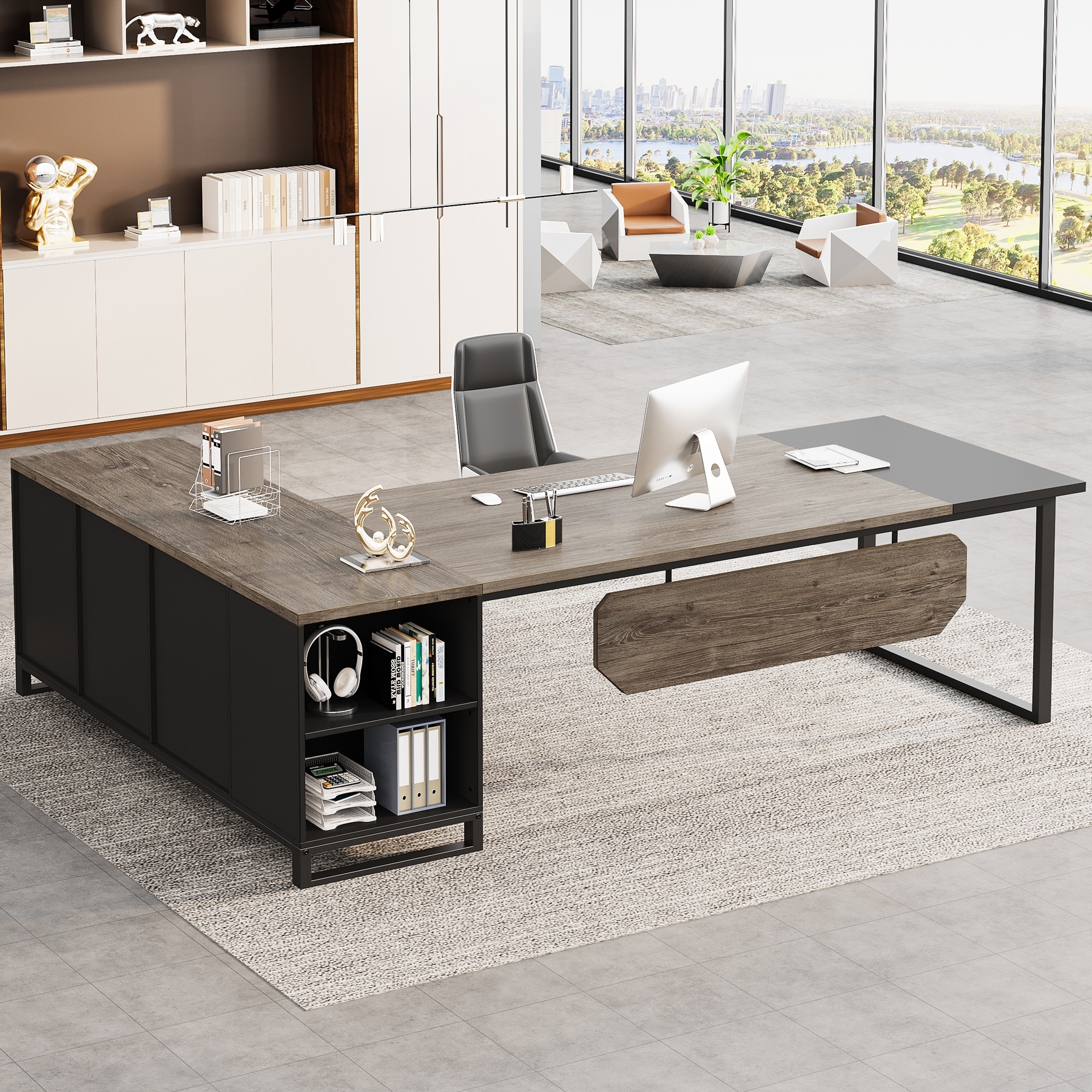 70.9-Inch L-Shaped Computer Desk Large Executive Office Desk with File Cabinet Set for Home Office