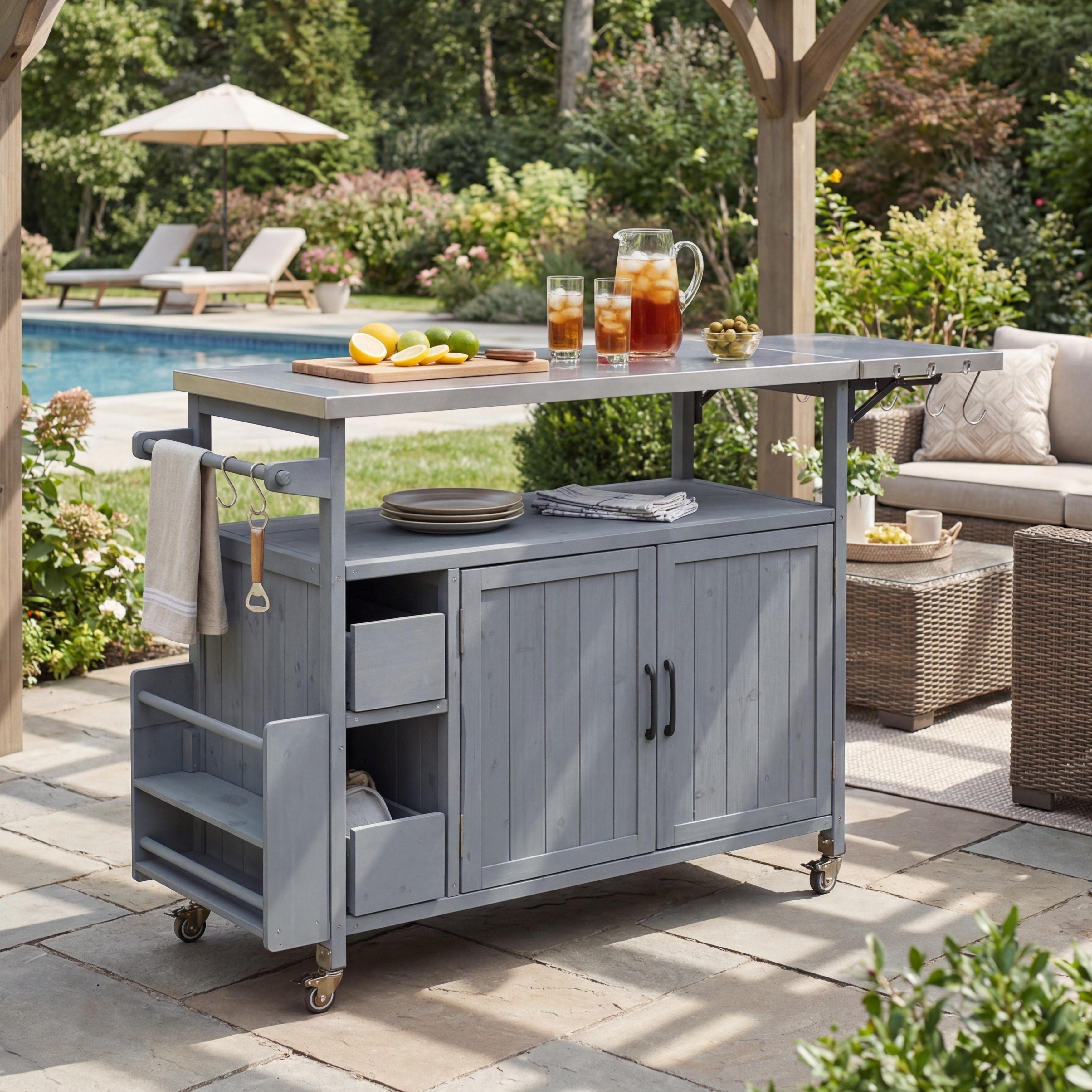 Christopher Knight Home - Farmhouse 54.3" Solid Wood Outdoor Kitchen Bar Cart, Stainless Steel Top, Spice Rack & Lockable Wheels