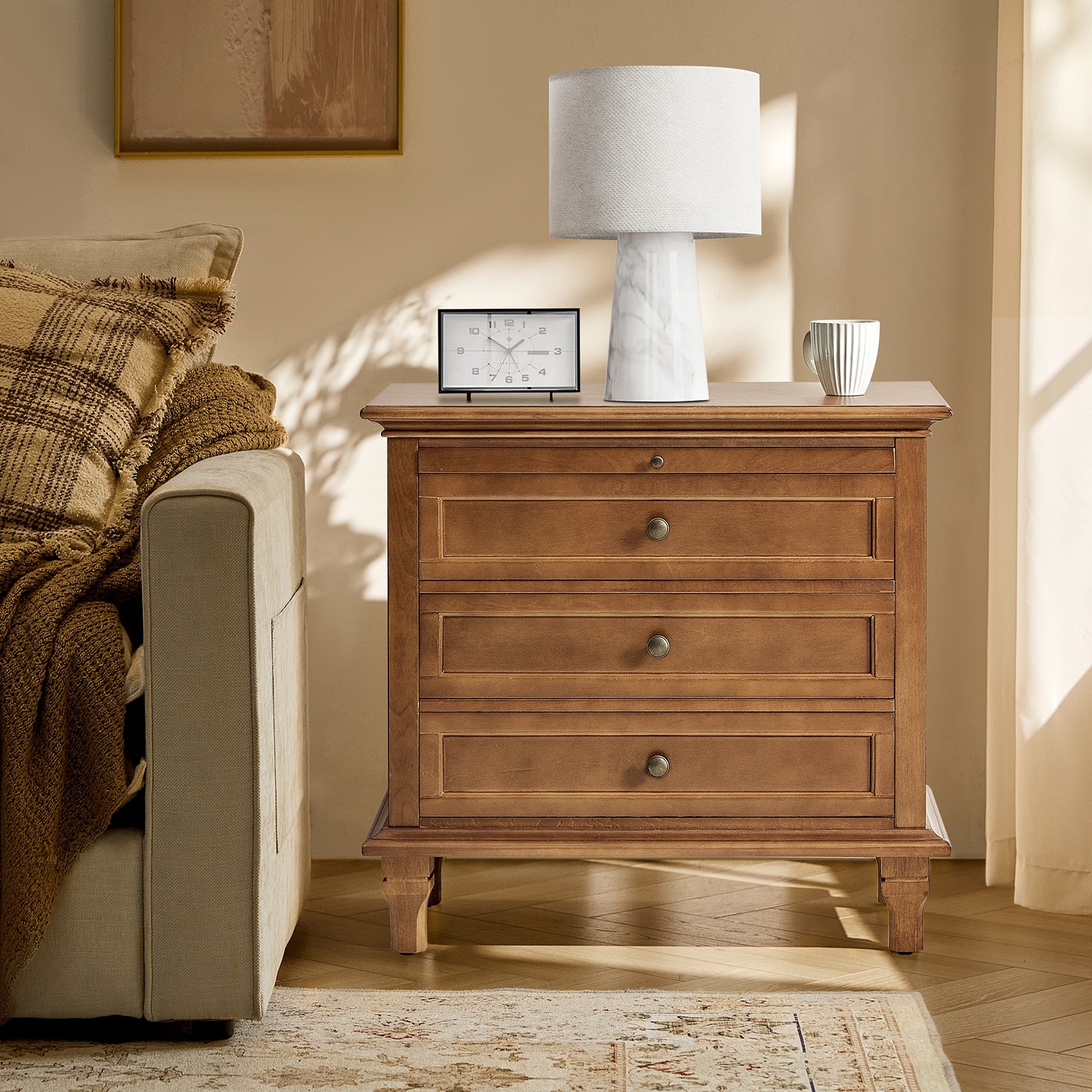 HULALA HOME Muriel Farmhouse 3 Drawers End Table with Built-In Outlets