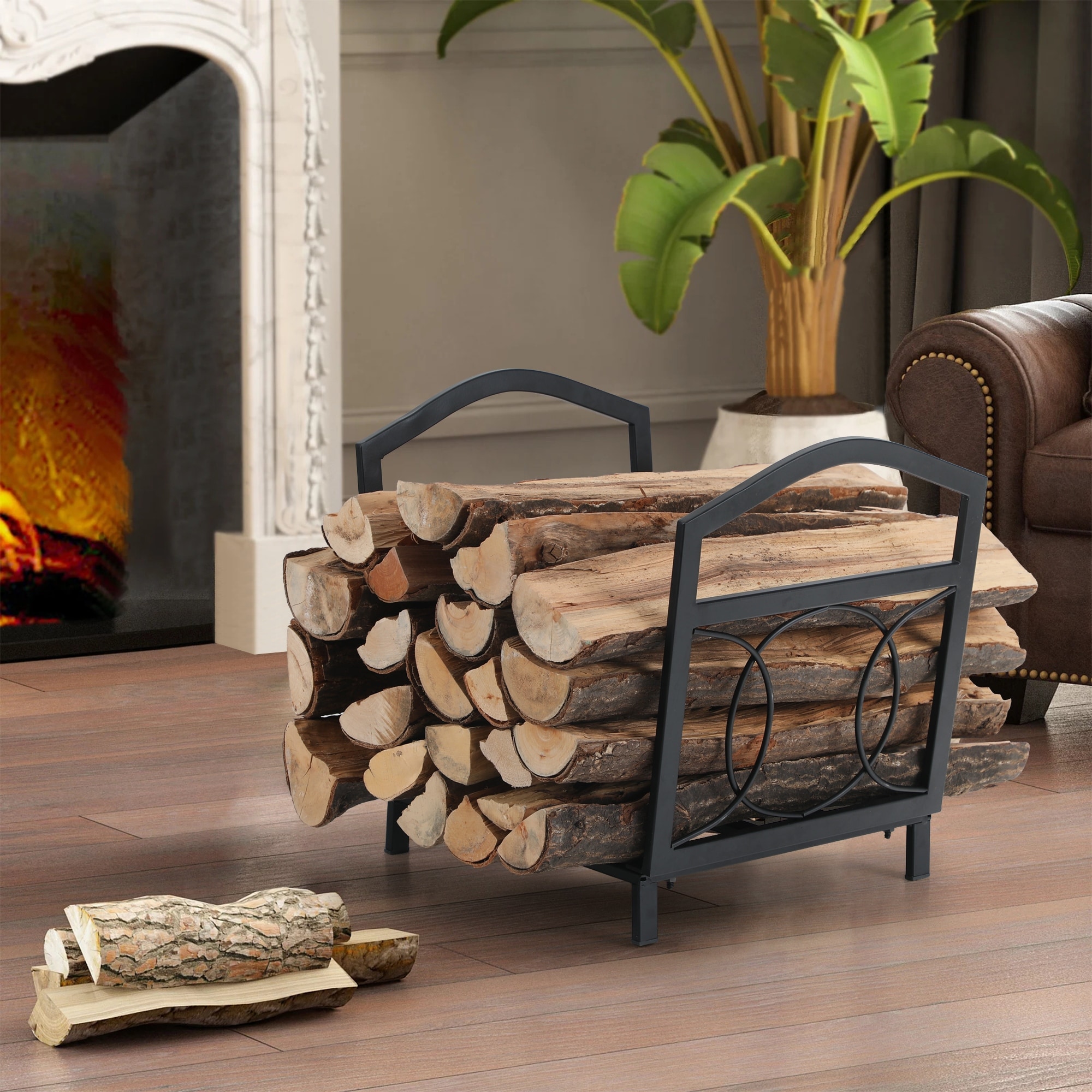 PHI VILLA 17 Inch Small Firewood Log Rack Decorative Indoor/Outdoor Steel Wood Storage Log Rack Wood Holder Circle Design, Black