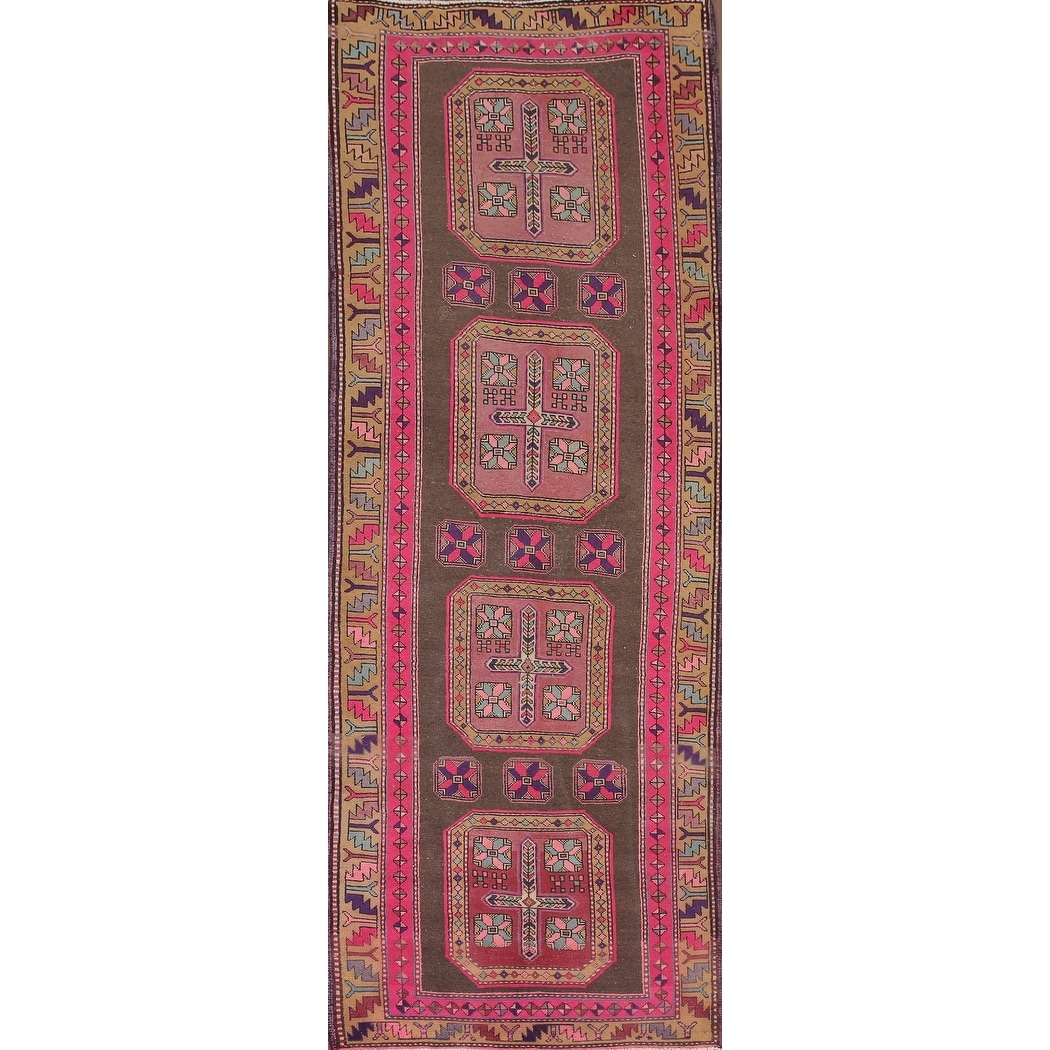 Ardebil Persian Vintage Runner Rug Handmade Geometric Wool Carpet - 3'8" x 10'6"