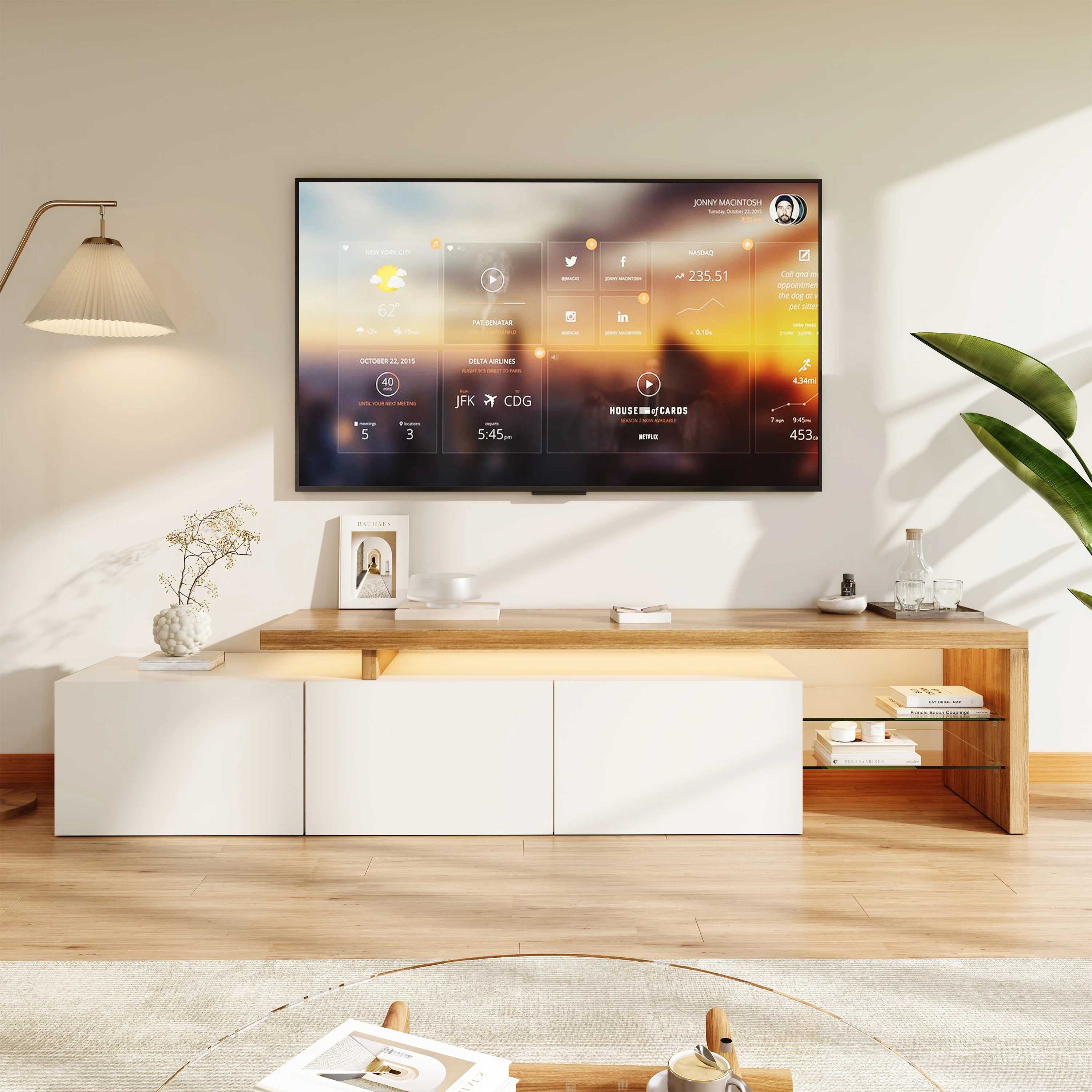 Meuble TV élégant, meuble bas avec espace de rangement, étagères en verre et éclairage LED, finition grain de bois, meuble de salon