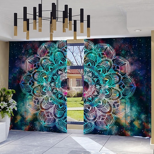 2er-Set Mandala-Gardinen mit geometrischem Muster, Polyester-Fenstervorhänge mit Stangendurchzug, Boho-Stil, maschinenwaschbar, geeignet für Wohnzimmer, Schlafzimmer, Küche, Arbeitszimmer, Image