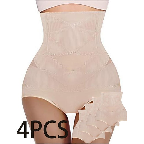 4er-Pack Damen-Slips mit elastischem Bund, geometrisches Shapewear-Muster, klassisch, 2 schwarze 2 beigefarbene. Image