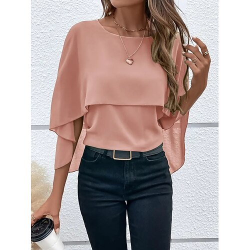 Damen Bluse Gerafft Einfarbig Stilvoll Basic Lässig Dreiviertelarm Rundhalsausschnitt Normale Oberteile Täglich Blau Schwarz Rosa Rote Kamel Sommer Frühling Herbst Image
