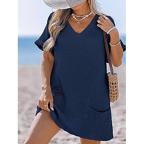 Damen Badeanzug Überwurf Badeanzugkleid Kleid Bademode Patchwork Tasche Urlaub Strandbekleidung Einfach V Ausschnitt Kurze Ärmel Badeanzüge Image