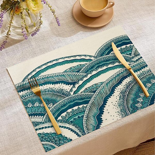 Tischset im sommerlichen Ozean-Stil, rechteckiges Tischset aus 100 % gewebtem Polyester, geometrisches Ozeanmuster, maschinenwaschbar, hitzebeständig, strapazierfähiger Tischschutz, für die moderne Image