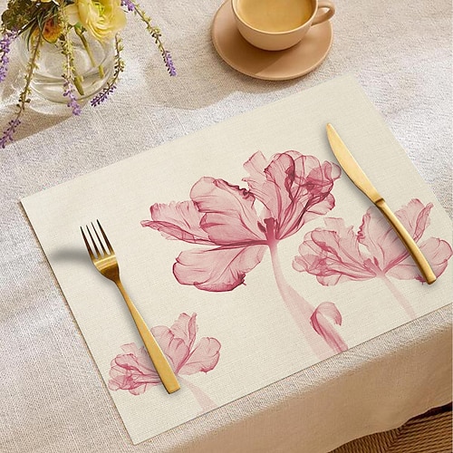 Tischset aus rosafarbenem, gewebtem Stoff mit Tulpenmuster, rechteckig, aus 100 % Polyester, abstraktes grünes Pflanzenmotiv, maschinenwaschbar und hitzebeständig, schützt die Tischoberfläche Image