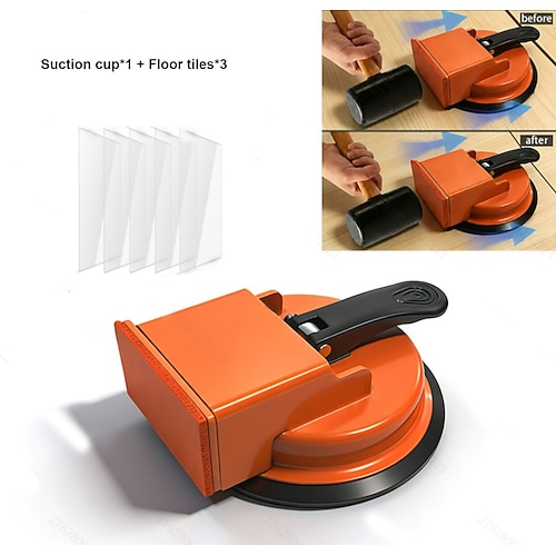 Reparaturset für Holzfußbodenfugen, bestehend aus Saugnapf, Hammer und Polierpads. Der Saugnapf eignet sich für Fugen, Fliesen, Holzböden, PVC-Fliesen und Glasböden. Image