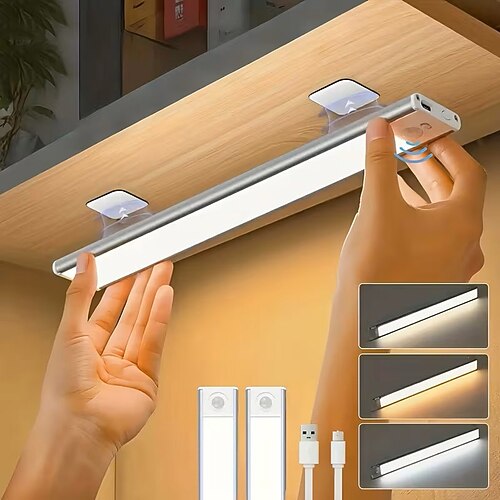2er-Pack Bewegungsmelder-Nachtlichter im ultradünnen Aluminium-Design mit 3 einstellbaren Farbtemperaturen, USB-Ladefunktion, magnetischer und kabelloser Befestigung für Kleiderschrank, Küche, Image