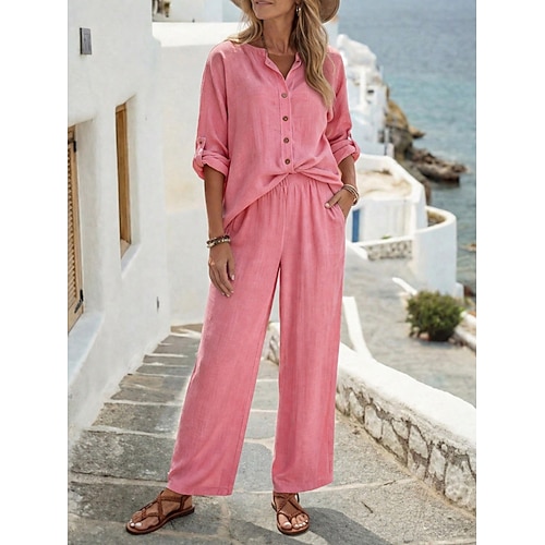 Damen Hosen-Sets Langarm V Ausschnitt Einfarbig Einfach Mode Streetwear Lässig Täglich Outdoor Blau Weiß Rosa Sommer Lässiger Schnitt Image