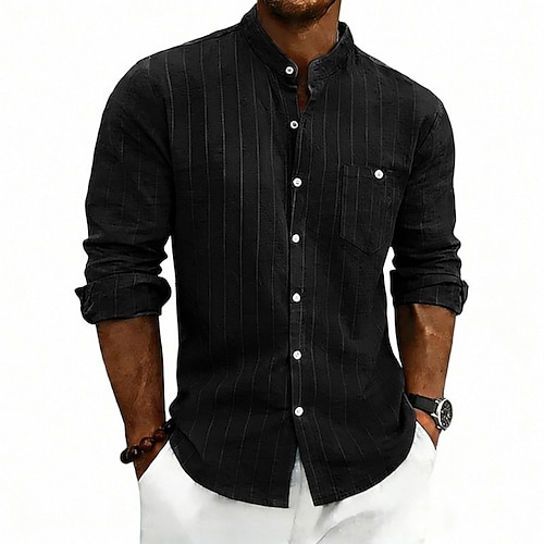 Herren Hemd Leinenhemd Sommerhemd Strandhemd Gestreift Lässig Urlaub Blau Schwarz Weiß Khaki Langarm Mandarinkragen Sommer Frühling Bekleidung Tasche Image