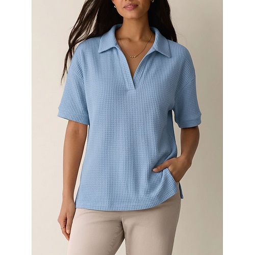 Damen T Shirt Poloshirts T-Shirt Waffelstricktops Einfach Mode Stilvoll Basic Kurzarm Hemdkragen Lange Oberteile Lässig Täglich Ausgehen Blau Weiß Orange Grün Leicht Blau Sommer Frühling Image