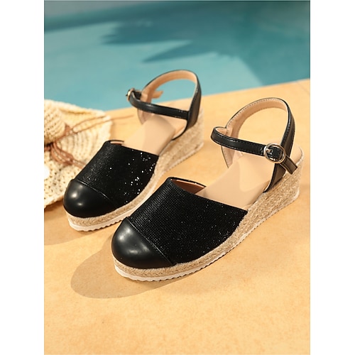 Klassische schwarze Espadrille-Wedges aus Canvas für Damen – stilvolle zweifarbige Plateau-Sandalen mit Zehenkappe und Knöchelriemen, ideal für Kreuzfahrten und Yachturlaube. elegante Image
