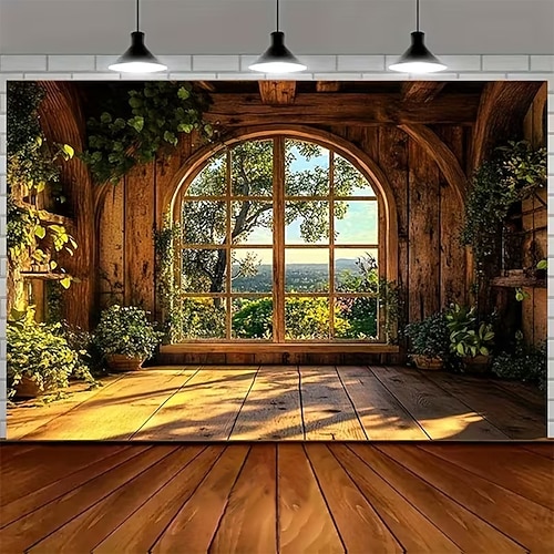 Magische Bibliothek, Fantasie-Lesezimmer, rundes Fenster, Blick auf einen üppig grünen Baum, Bücherregal, Vintage-Bücher, Sofa, Wandteppich, Wandbehang, Hintergrund für Schlafzimmer, Arbeitszimmer, Image