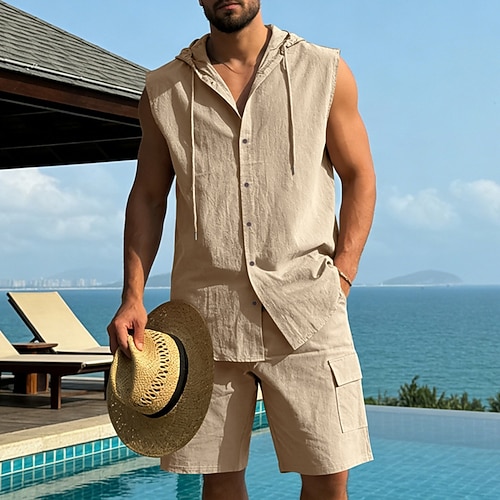 Herren Leinenhemd Zweiteilig Hemd Set Und Cargo-Shorts Shorts Leinenshorts Set Einfach Täglich Outdoor Strand Mit Kapuze Ärmellos Sommer Mode Lässig Bequem Bekleidung Image