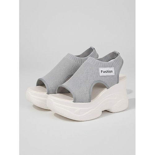 Braune Strick-Keilsandalen für Damen, atmungsaktive Strick-Sportsandalen, vielseitige Freizeitschuhe für Urlaub und Spaziergänge Sommer täglich Image
