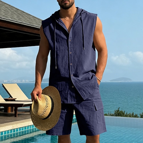 Herren Leinenhemd Zweiteilig Hemd Set Und Cargo-Shorts Shorts Leinenshorts Set Einfach Täglich Outdoor Strand Mit Kapuze Ärmellos Sommer Mode Lässig Bequem Bekleidung Image