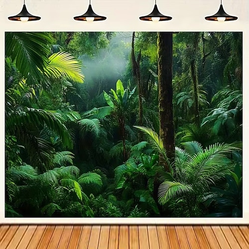 Tropischer Regenwald, Natur, grüne Palmen, Farnblätter, nebliger Dschungel, tiefer Wald – botanischer Wandteppich, Wandbehang, Hintergrund für Schlafzimmer, Wohnzimmer, Heimdekoration, Wandkunst Image