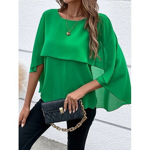 Damen Bluse Gerafft Einfarbig Stilvoll Basic Lässig Dreiviertelarm Rundhalsausschnitt Normale Oberteile Täglich Blau Schwarz Rosa Rote Kamel Sommer Frühling Herbst Image