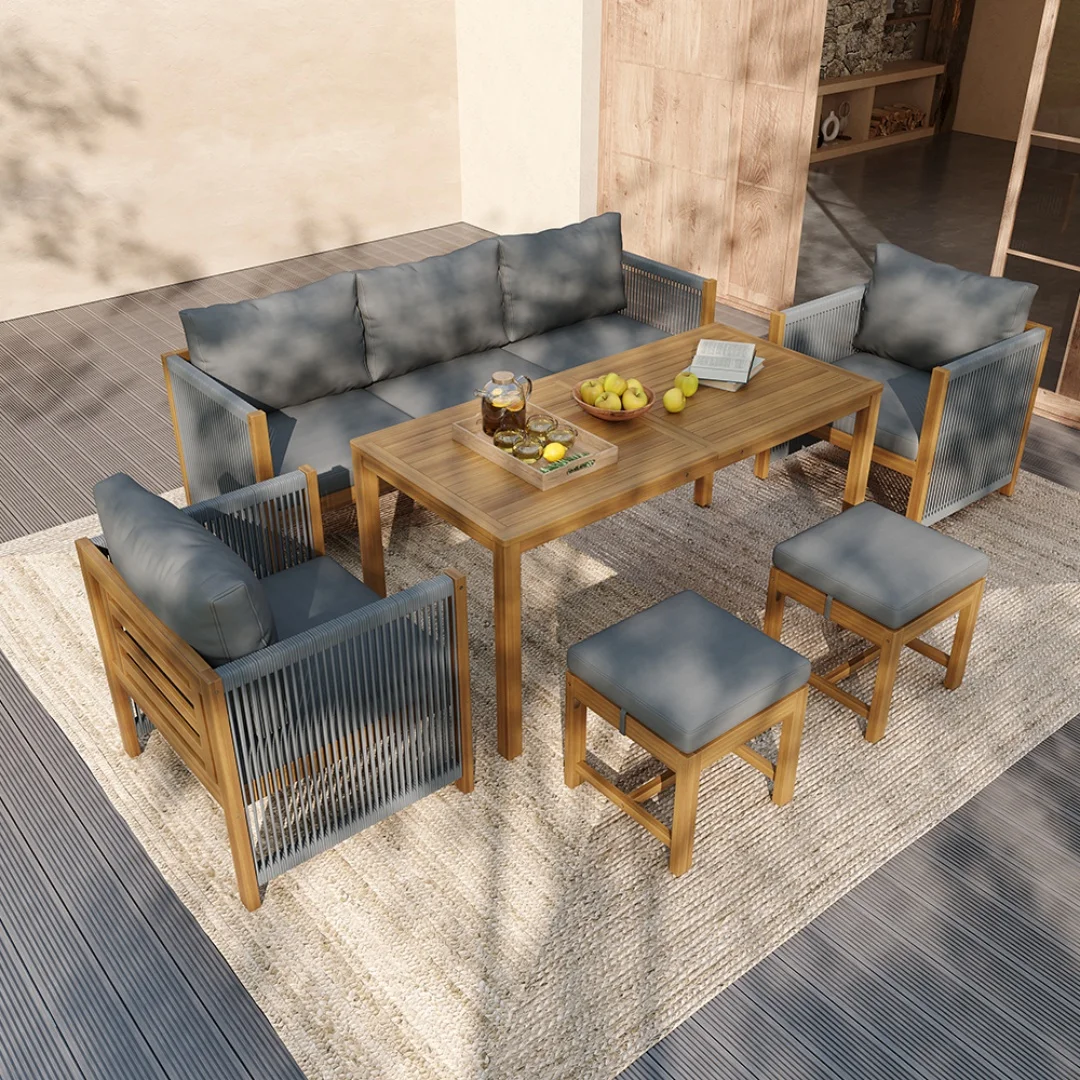 Table de jardin, chaise longue de jardin, canapé de jardin. Canapé d'extérieur. Ensemble de meubles de jardin, canapé, chaise, table à manger, table en acacia