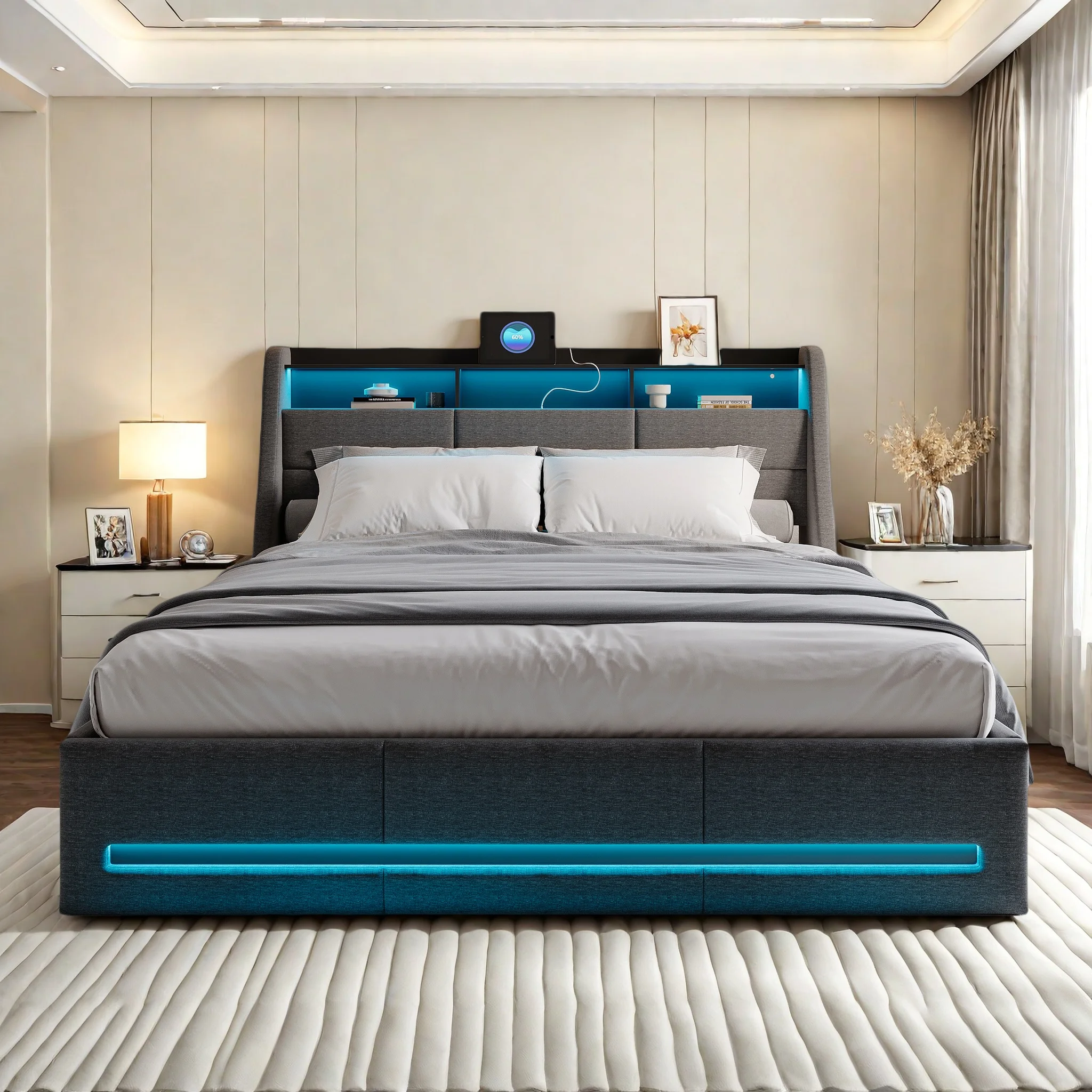 Rosahqnda Polsterbett 160x200 cm mit LED- und USB-Kopfteil, Doppelbett mit Lattenrost, hydraulischem Stauraum, Leinen Image