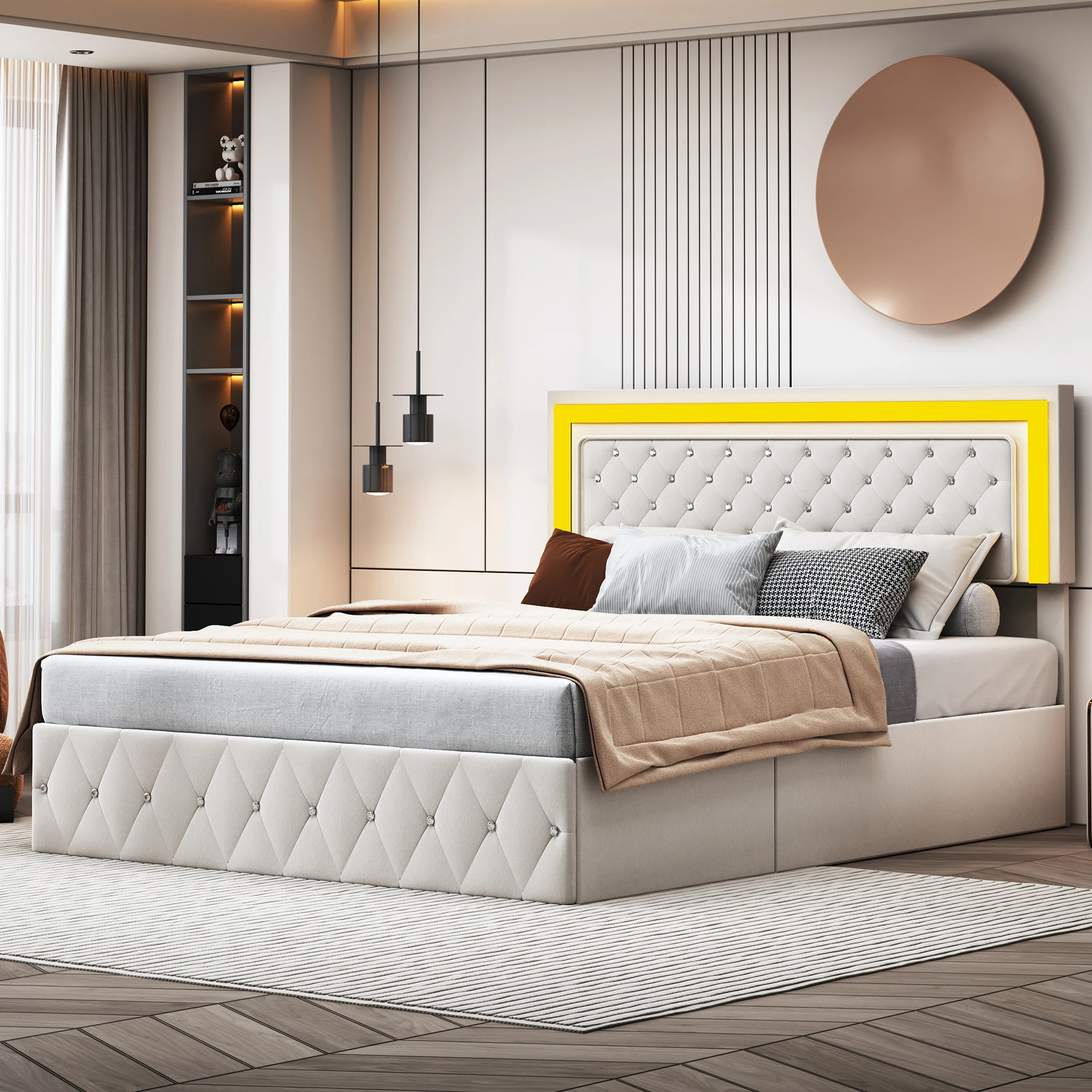 Comanlai Hydraulisches Boxspringbett Doppelbettgestell 180 160 140 Samtbezogenes Bett Gepolstertes Bett Kopfteil mit LED-Lichtleiste Image