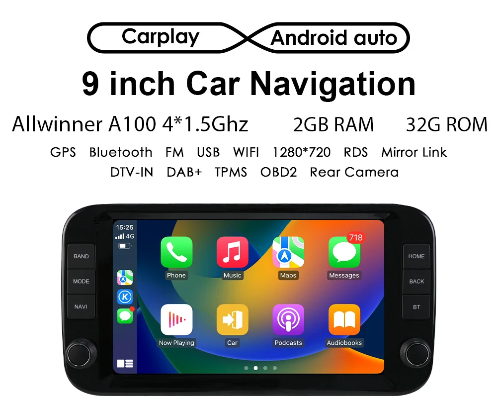 9-Zoll-Carplay-Android-Auto-Autoradio für Fiat Panda 2013 - 2020 Multimedia-Videoplayer GPS Intelligentes System 2DIN QLED-Bildschirm RDS Image