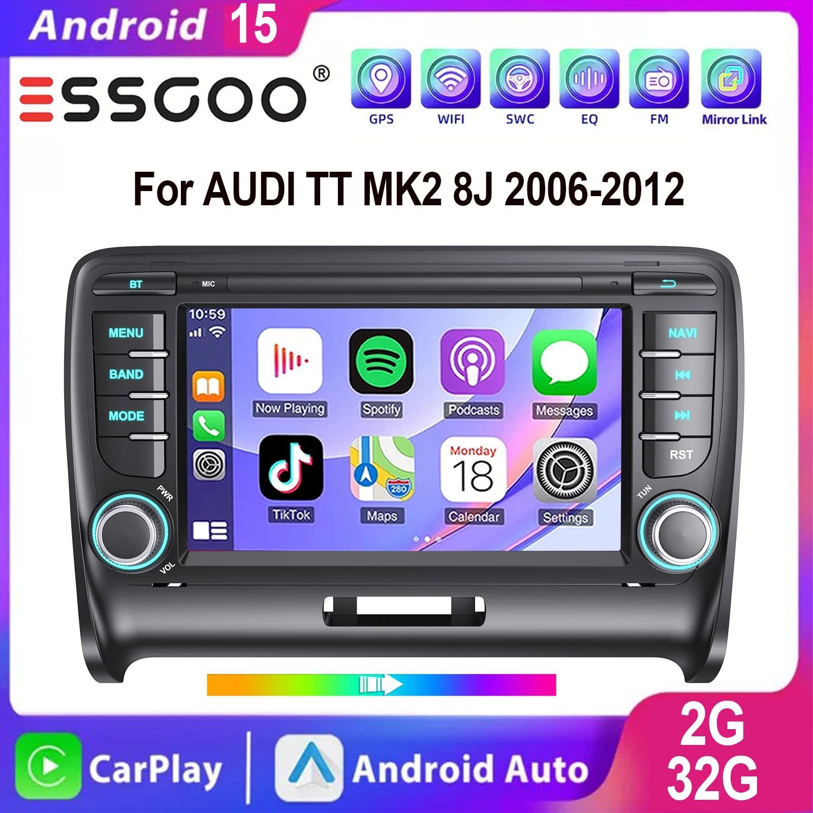 ESSGOO 2+32GB Android 14 7 Zoll IPS-Touchscreen-Display Kabellos Carplay Android auto Für AUDI TT MK2 8J 2006-2012 Autoradio GPS-Navigation WLAN FM RDS Mirror link Bluetooth 7-Farben-Licht USB ASP Image