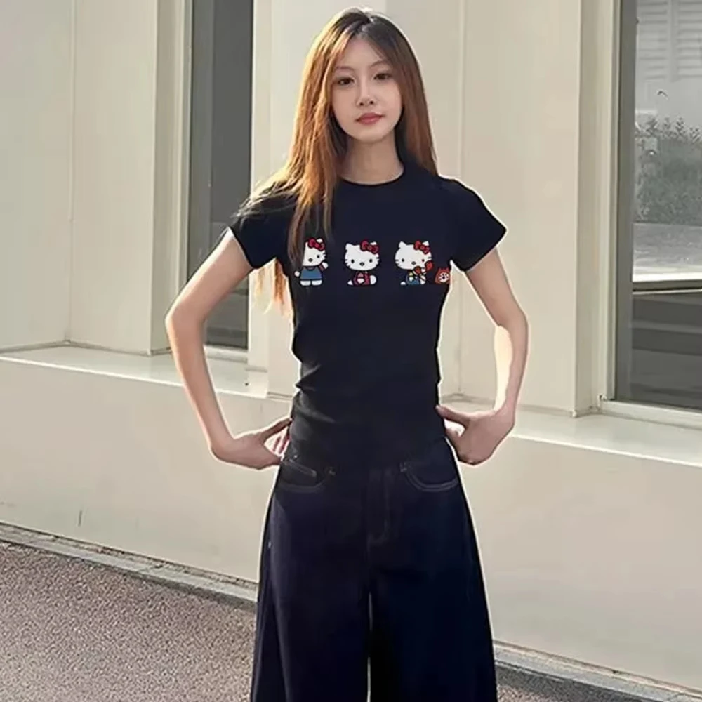 Anime Sanrio Hello Kitty Damen-T-Shirt, kurzärmelig, Angora-Rot, für Studenten, Sommer, bedruckt, Textur, trendige Mode, Cartoon