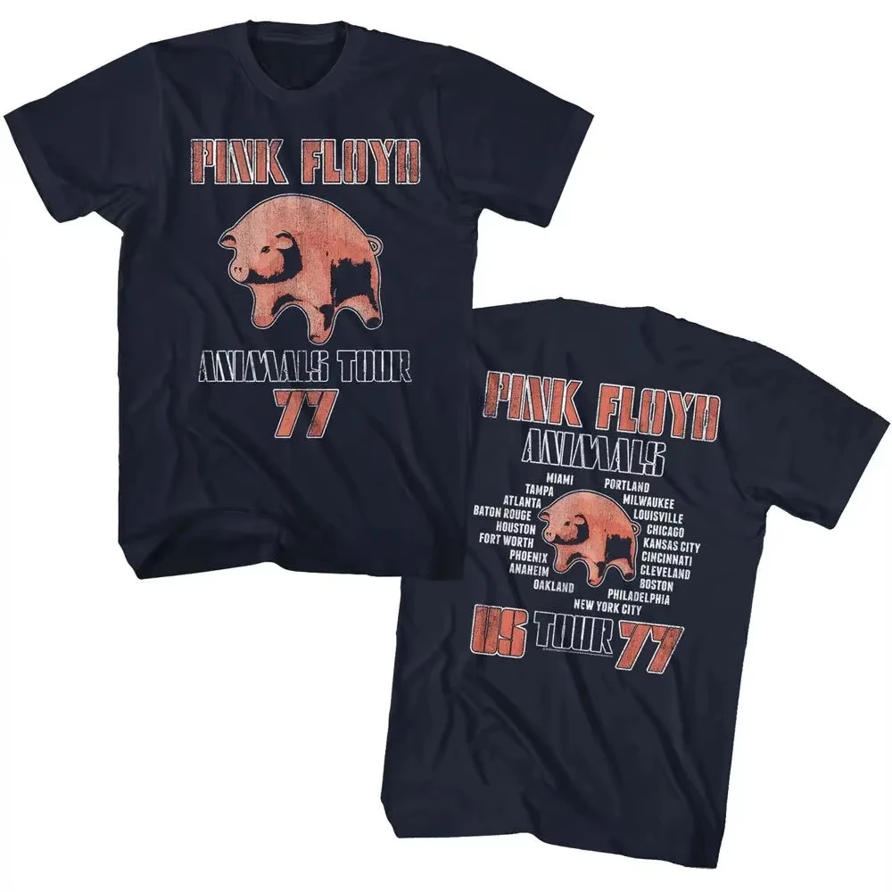 90er Jahre Vintage Rock Tops Pink Floyd T-Shirt Animals Tour 1977 Marineblaues T-Shirt 1Cotton Graphic Tees Vintage Print T-Shirt Sommer