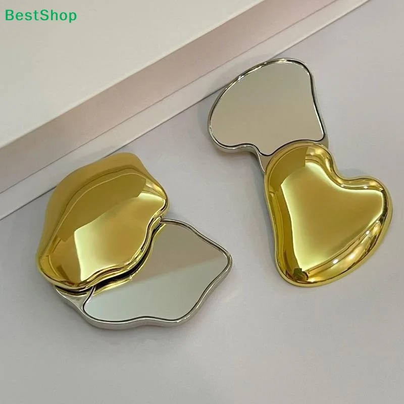 〔R〕Lippen- und herzförmiger, faltbarer Kompaktspiegel, zweifarbiger Mini-Taschenspiegel in Gold und Silber für Make-up