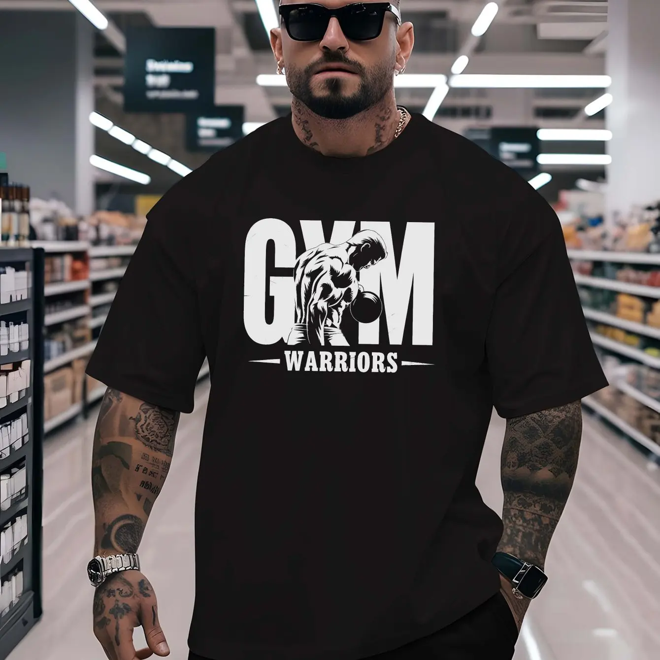 Schwarzes Baumwoll-T-Shirt Bodybuilder Warrior Athleisure Lässiger Cooler Streetwear Herren Fitness Muskel-Stil Image
