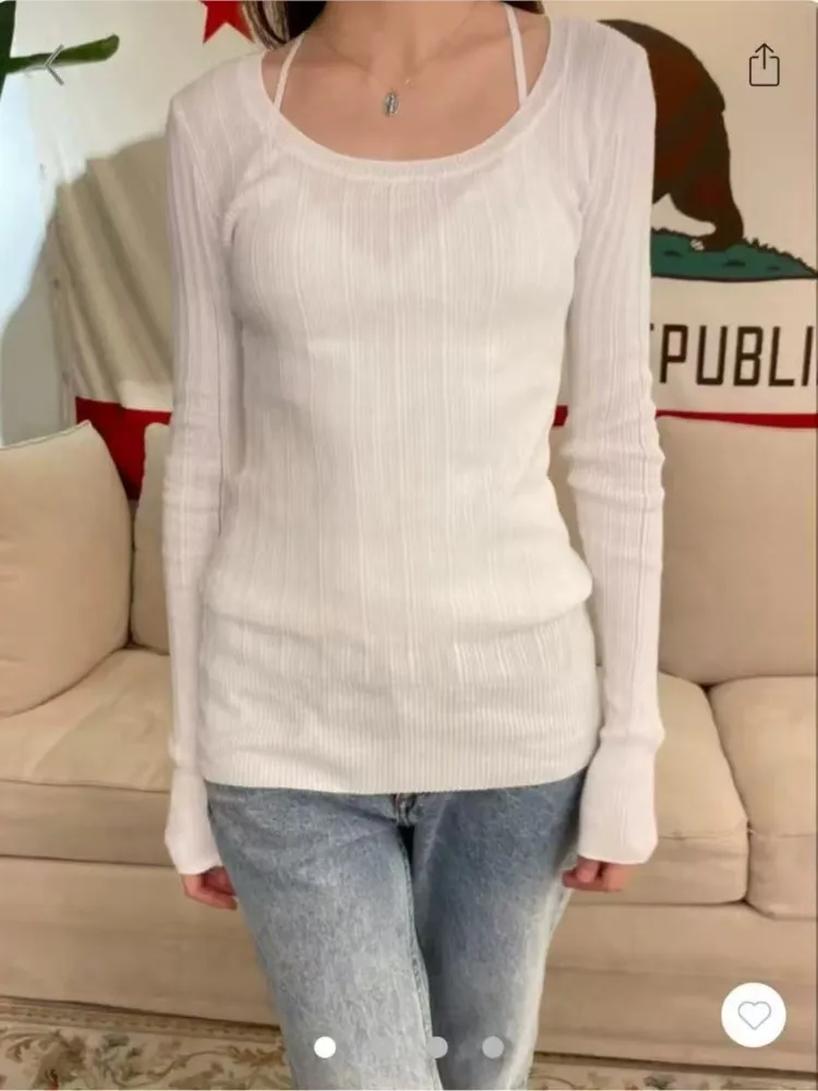 Herbst Neue Weiß Stricken Schlank Langarm T-stücke Frauen Mode U-ausschnitt Baumwolle Weiche T-shirt Nette Adrette Casual T hemd Y2K Top