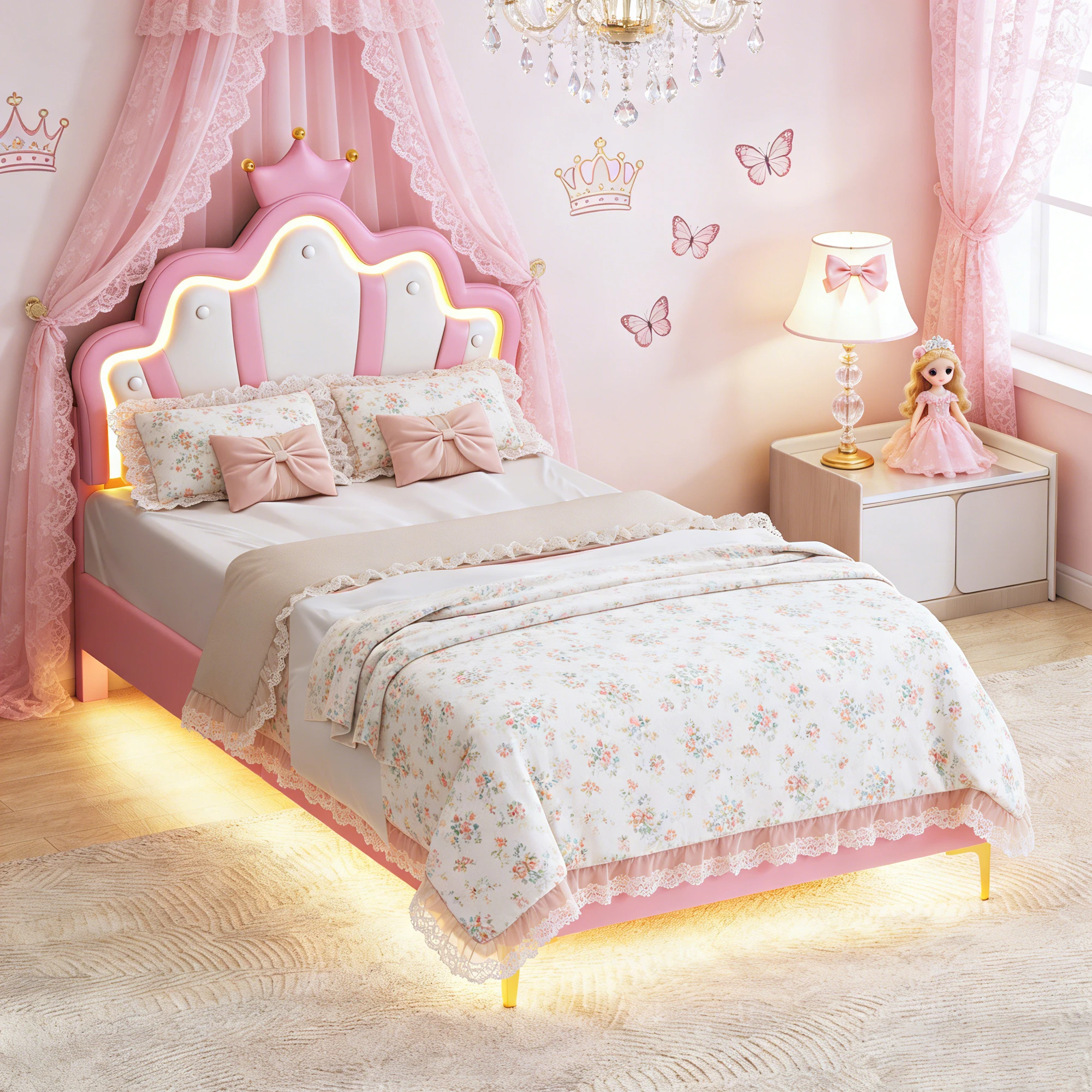 Mädchenbett 90x200, Einzelbett für Kinder mit Lattenrost und LED-Beleuchtung, Prinzessinnenbett für Mädchen, Rosa, mit verstellbarem gepolstertem Kopfteil, Rosa, 90 x 200 cm Image