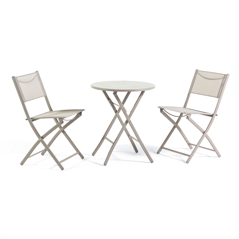 RATTATAN Klappbares Balkonset mit rundem Tisch Ø60 aus lackiertem Metall und 2 Textilene-Stühlen, platzsparend für Terrasse und Veranda - NEMO&LILIA-Sandbeige Image