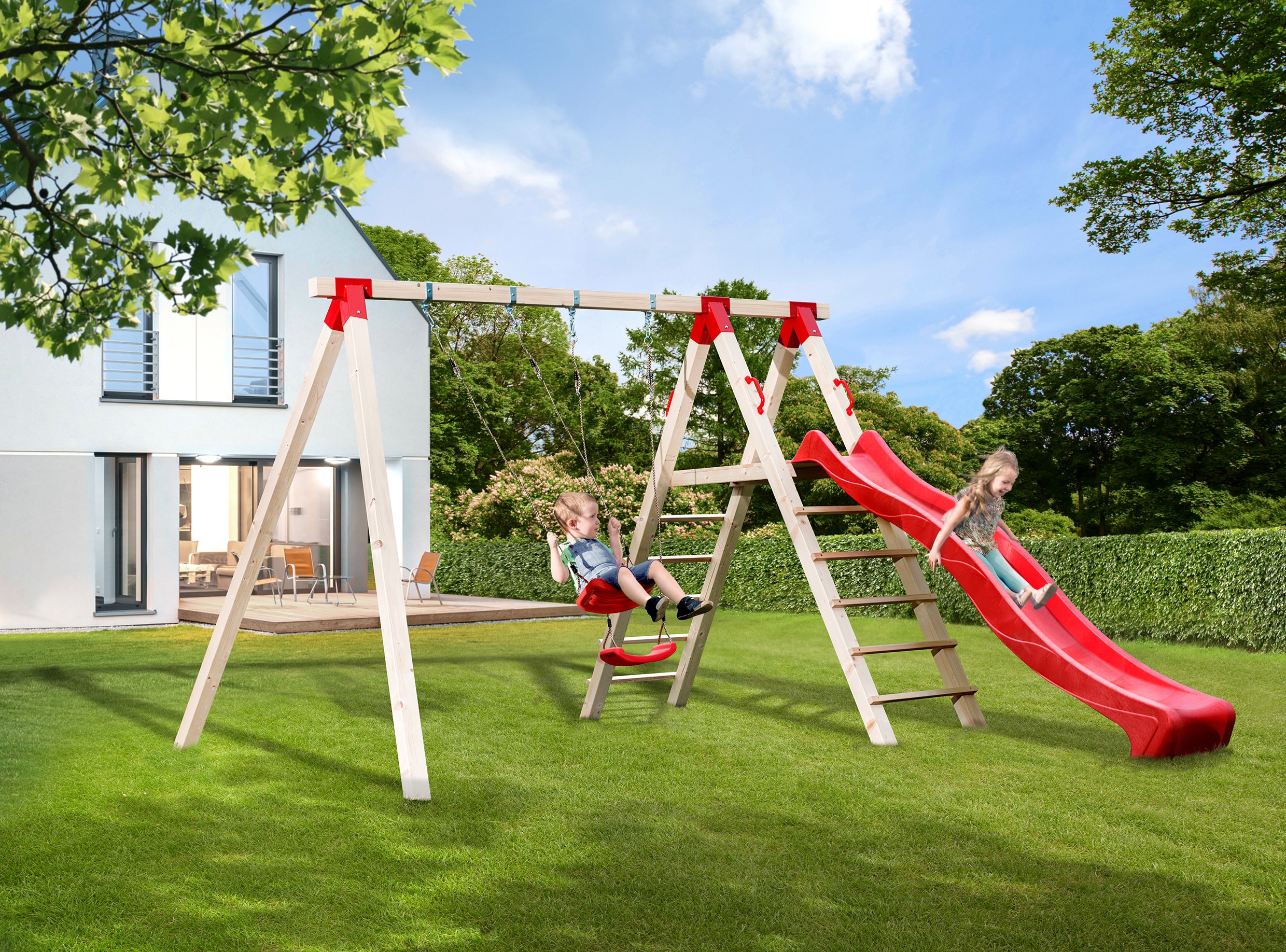 Doppelschaukel WEKA "Tabaluga", beige (natur), Schaukeln, KinderB:378cm H:240cm T:284cm, Holzwerkstoff, BxTxH: 378x284x240 cm, B:378cm H:240cm T:284cm Image