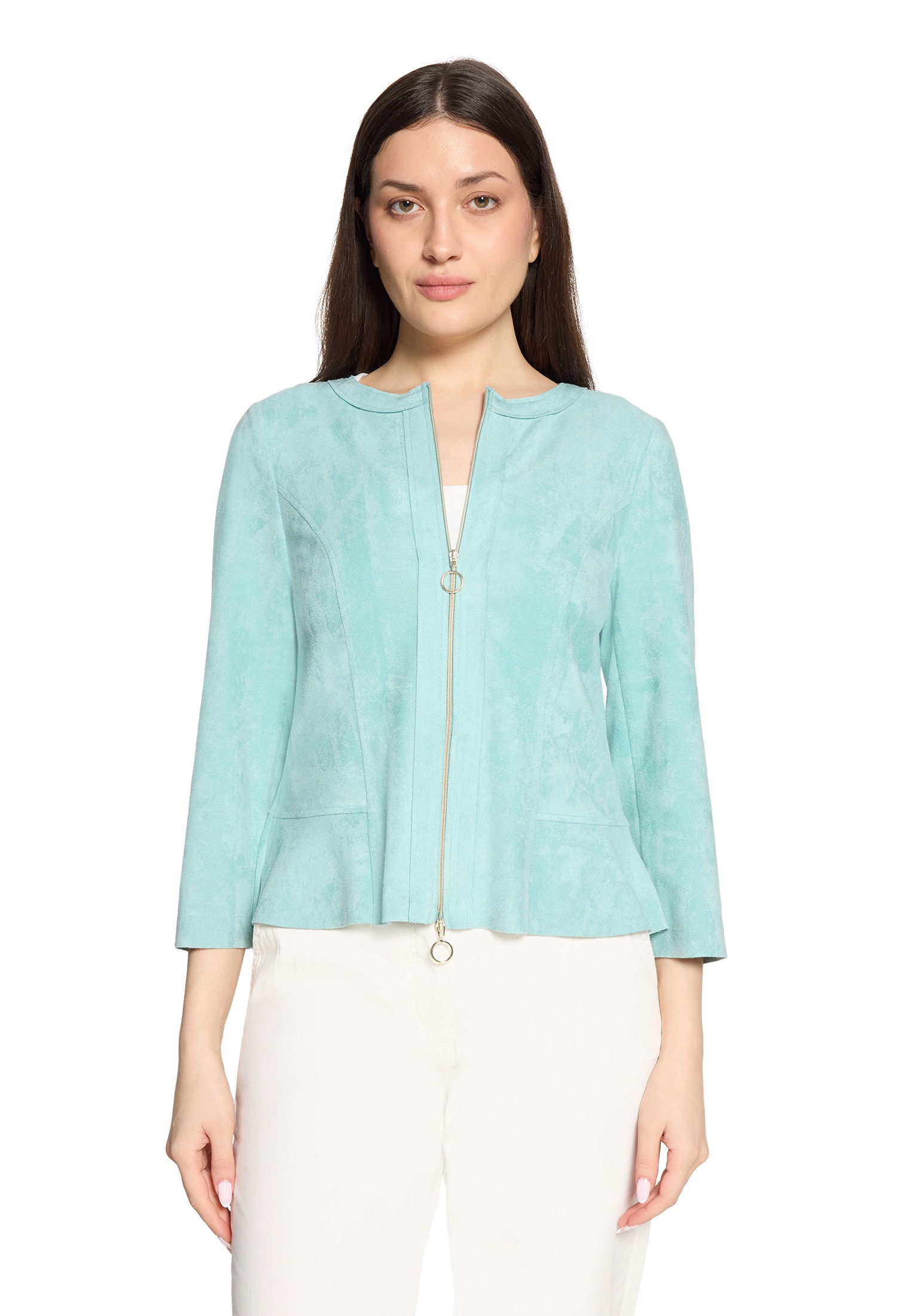 Jackenblazer BETTY BARCLAY "Damen mit Reißverschluss", Damen, Gr. 38, aquifer, Samt, Obermaterial: 92% Polyester, 8% Elasthan, sehr schmal normal, Rundhals, Blazer Image