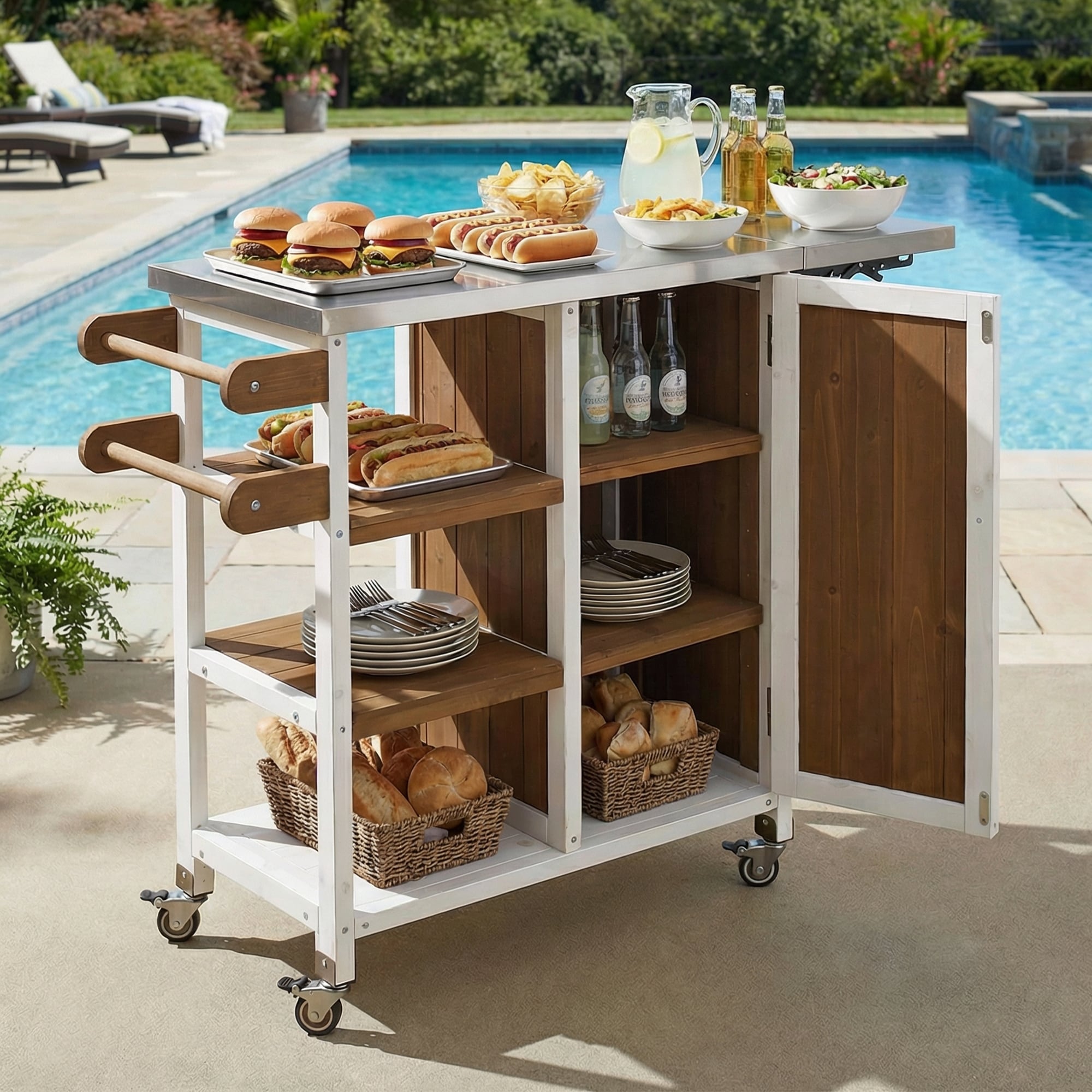 Foldable Outdoor Kitchen Island with Lockable Wheels, Brown White Patio Kitchen Island Kitchen Cart with Towel Rack