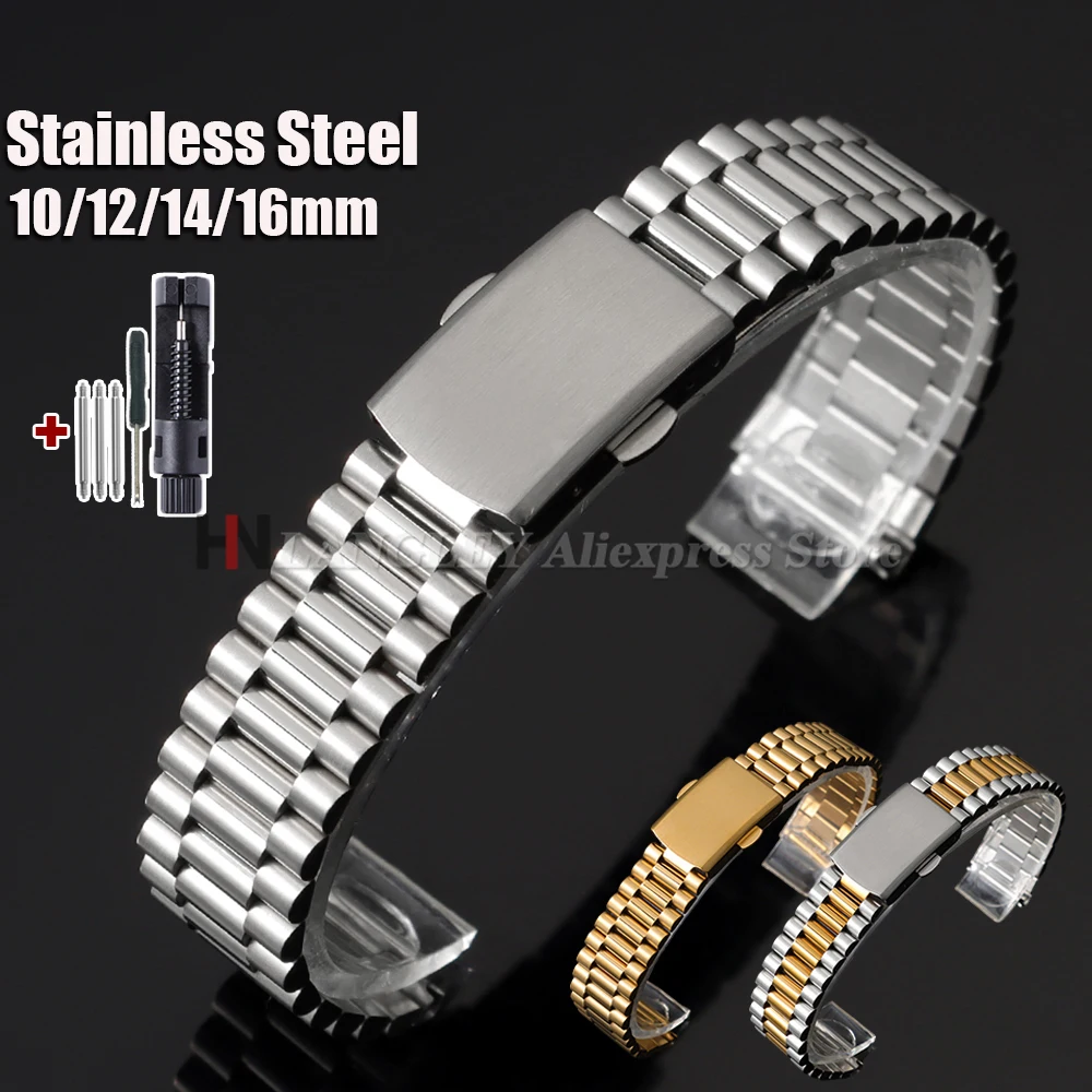 Silber-Gold Edelstahl Uhrenarmband 10mm 12mm 14mm 16mm Metall-Armband mit Faltschließe für Herren und Damen Universeller Ersatz-Uhrenriemen Image