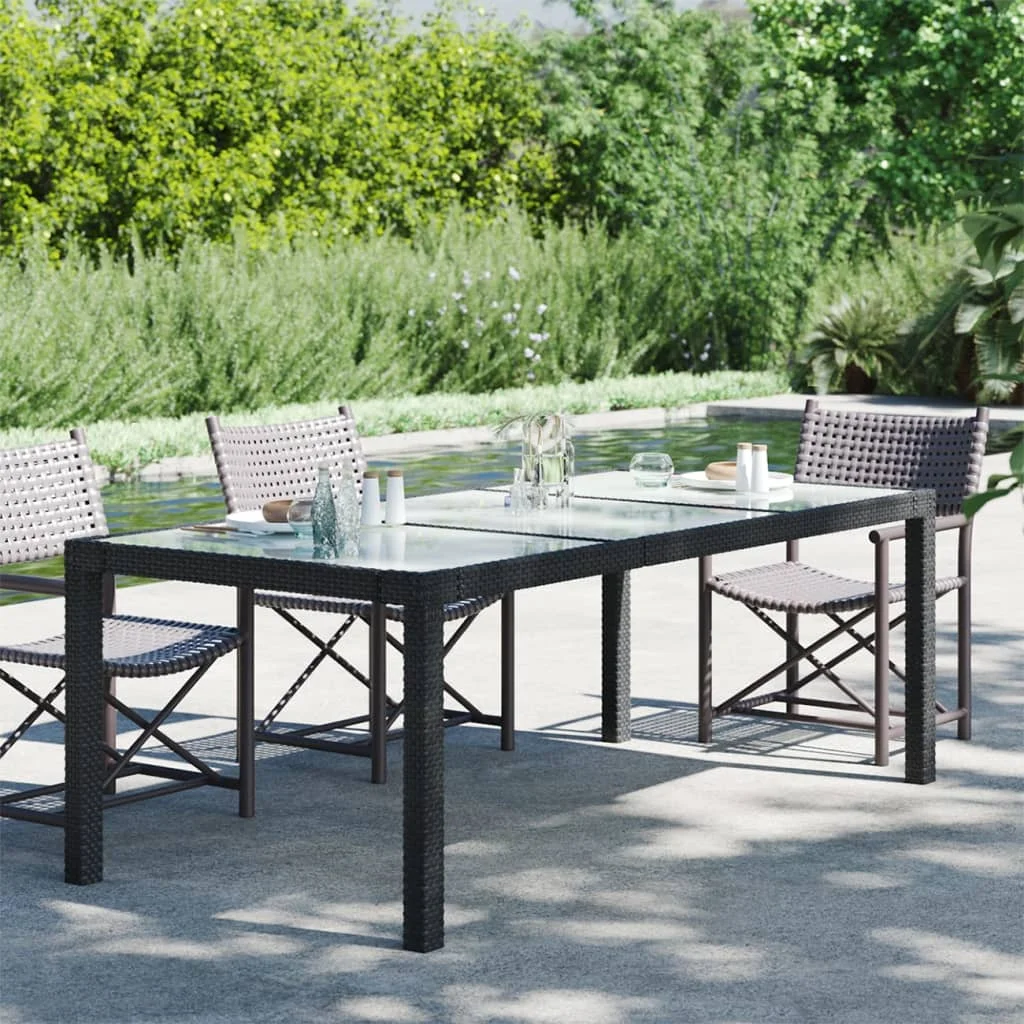 Schwarzer Gartentisch, 190x90x75 cm, gehärtetes Glas/geflochtenes Kunstharz. Moderner Gartentisch aus Holz für Terrasse und Innenhof (nur Tisch)