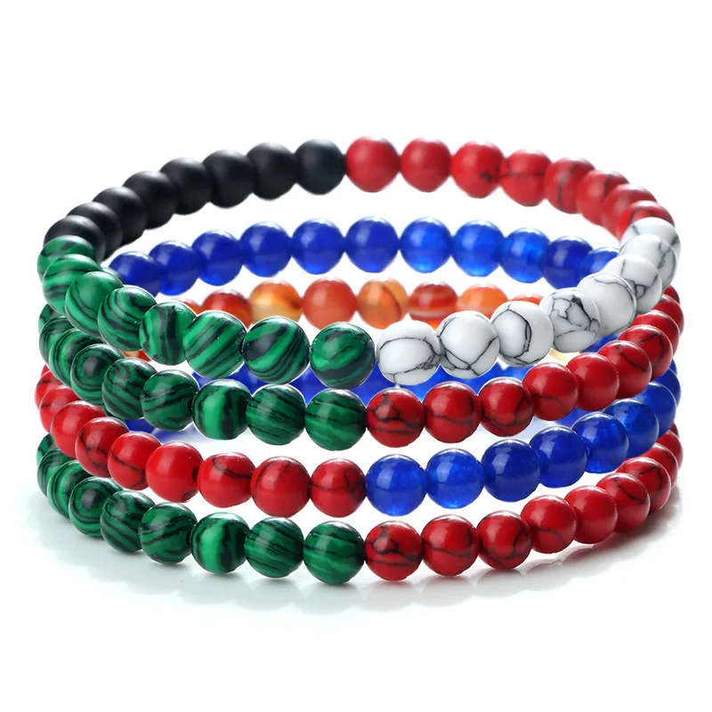 8 Stück 6 mm große Armbänder mit farbigen Steinperlen, minimalistische und stilvolle Accessoires, Farbkombinationen in Nationalflaggenfarben Image